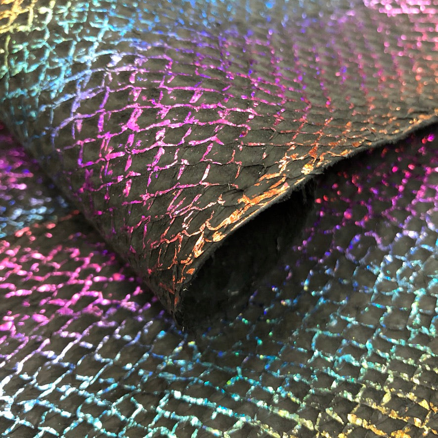 Salmon Fish Leather Black with Rainbow Metallic