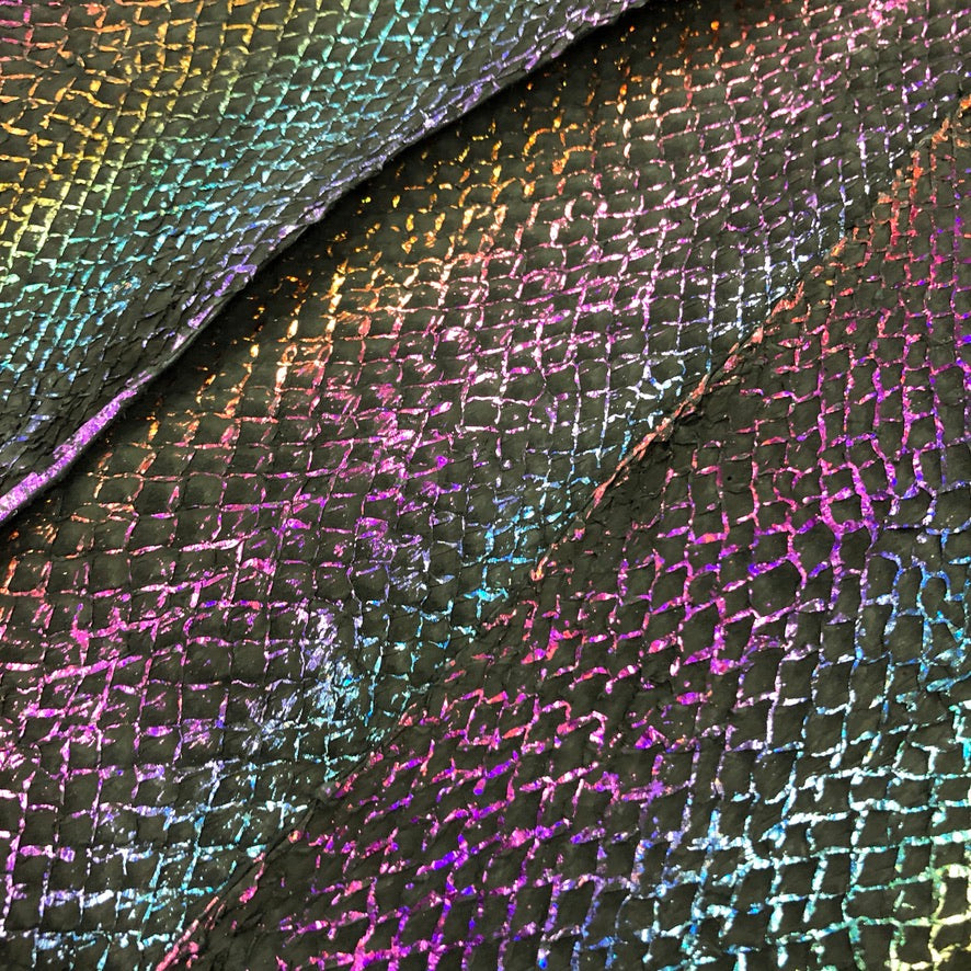 Salmon Fish Leather Black with Rainbow Metallic