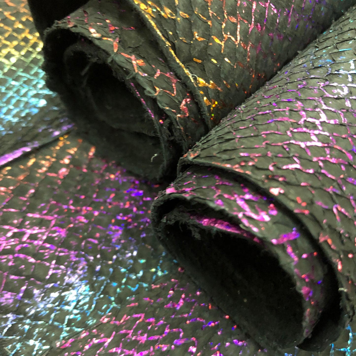 Salmon Fish Leather Black with Rainbow Metallic