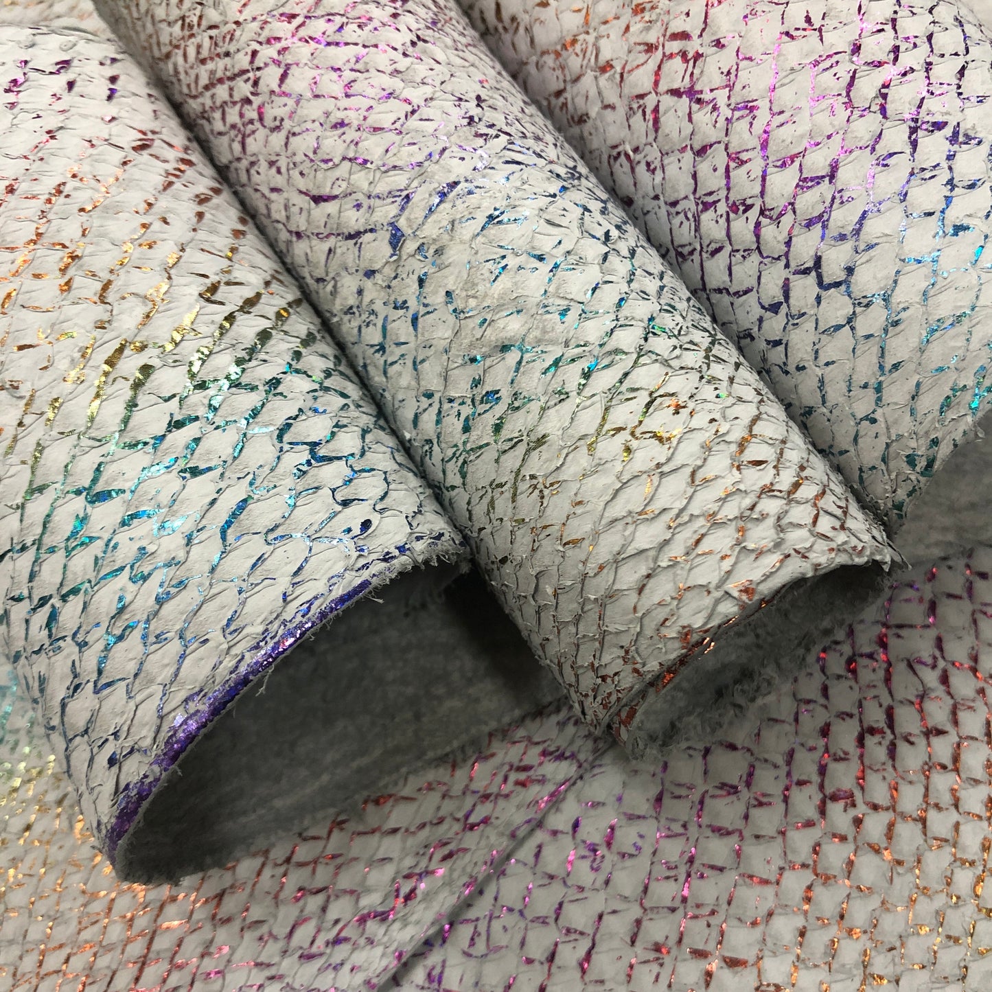 Salmon Fish Leather White with Rainbow Metallic