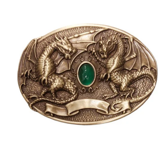 Dragon Design Solid Brass Belt Buckle with Green Stone