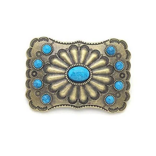 Antique Brass Belt Buckle with Turquoise Stone