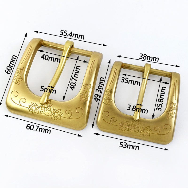 Solid Brass Heel Bar Belt Buckle with Engraved Floral Design in 35mm and 40mm