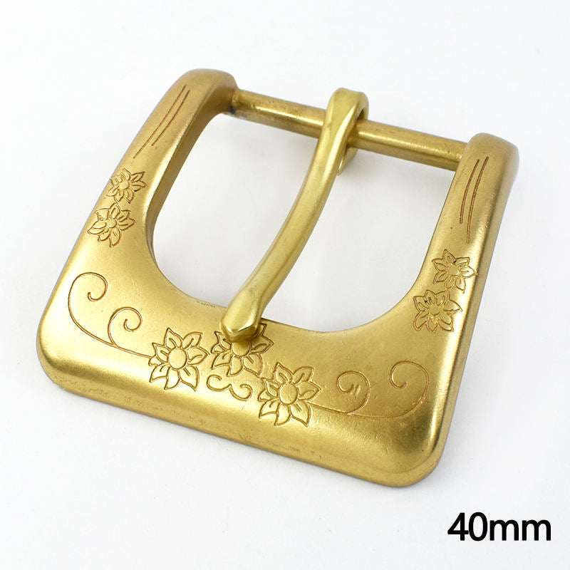 Solid Brass Heel Bar Belt Buckle with Engraved Floral Design in 35mm and 40mm